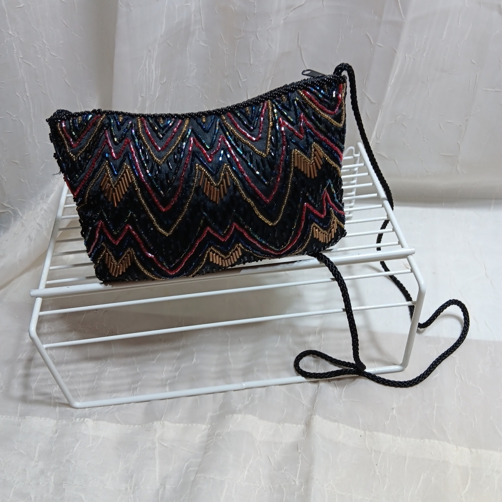 Vintage 1980's Elegant Multicolor Beaded Women's Bag/Clutch W/Strap - Picture 2 of 5